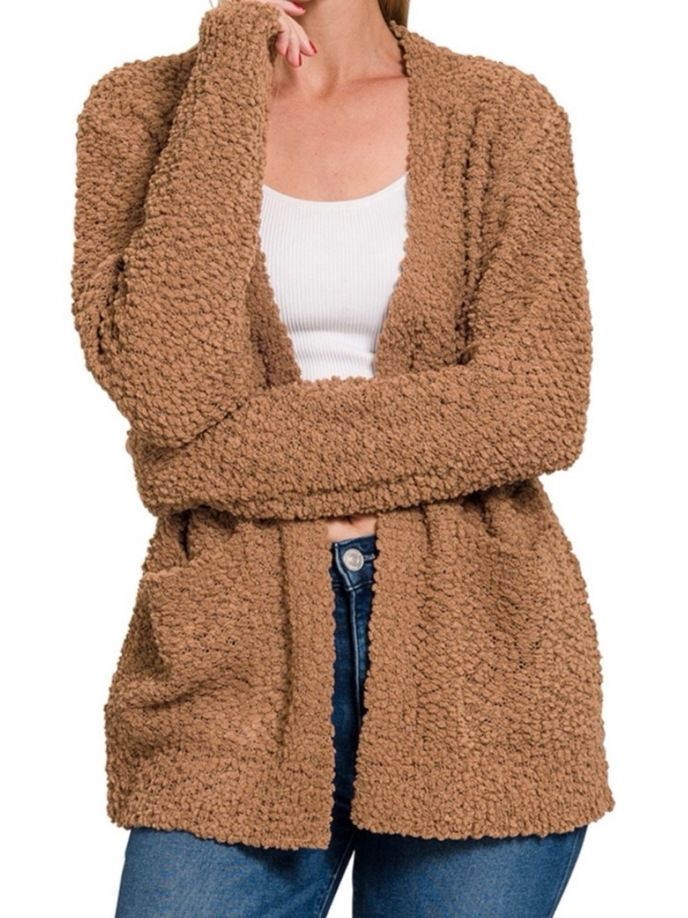 🟤NWT ZENANA Oversized Long Sleeve Popcorn Sweater Cardigan w/Pockets Camel